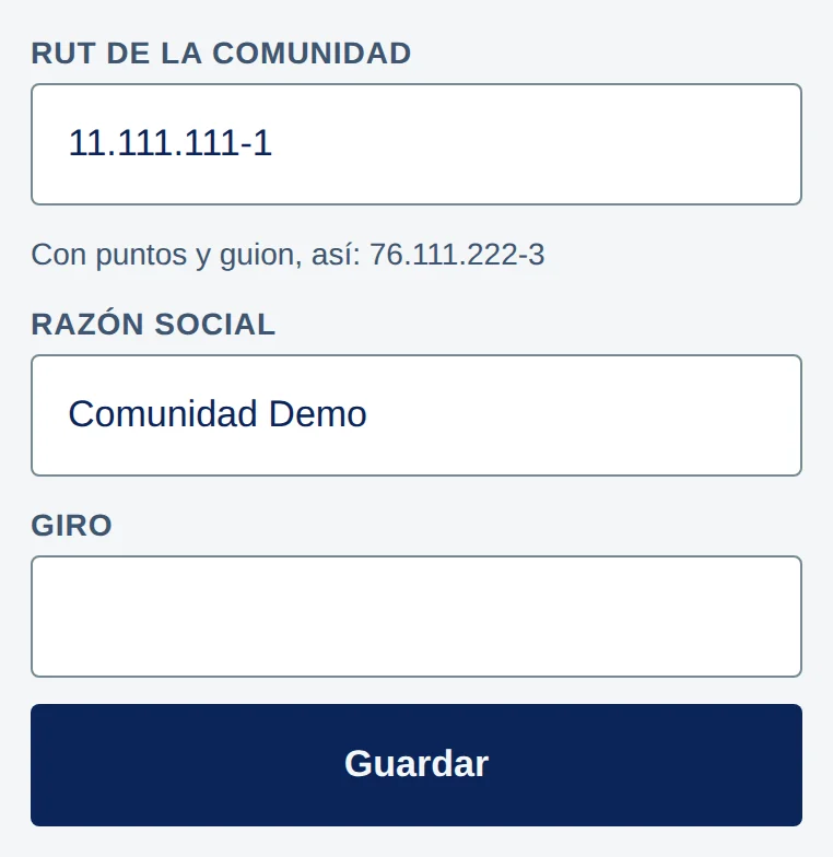 Factura elegida: RUT de la comunidad 11.111.111-1, Razón social Comunidad Demo, Giro vacío, y el botón Guardar.