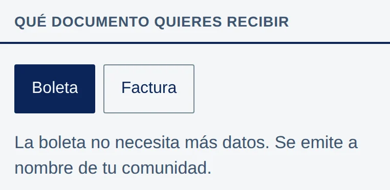 Qué documento quieres recibir: Boleta (marcada) y Factura. La boleta no necesita más datos.