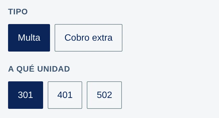 Tipo: Multa (marcada) y Cobro extra. A qué unidad: 301 (marcado), 401 y 502.