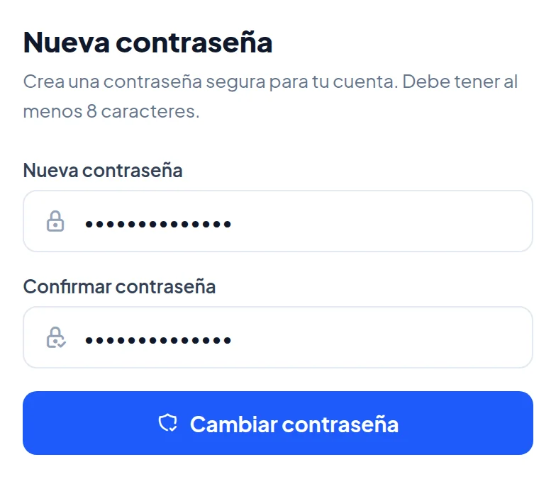 Página Nueva contraseña: campos Nueva contraseña y Confirmar contraseña, y el botón Cambiar contraseña.