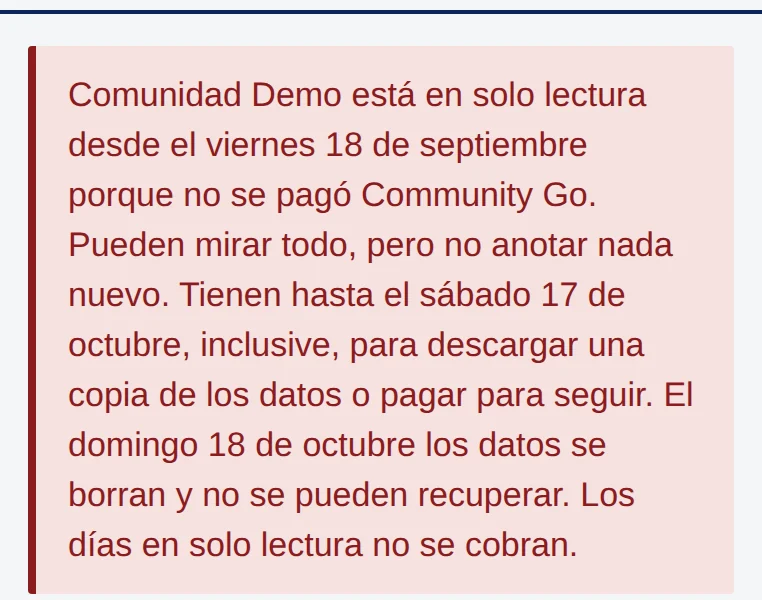 Recuadro rojo en Cobranza: Comunidad Demo está en solo lectura desde el viernes 18 de septiembre… El domingo 18 de octubre los datos se borran y no se pueden recuperar.