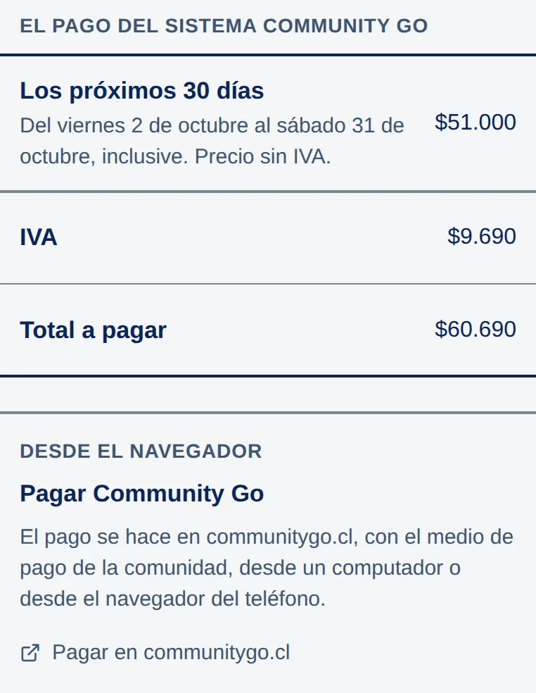 El pago del sistema Community Go: Los próximos 30 días, del viernes 2 de octubre al sábado 31 de octubre, inclusive. Precio sin IVA, $51.000; IVA, $9.690; Total a pagar, $60.690. Abajo, Pagar Community Go y Pagar en communitygo.cl.