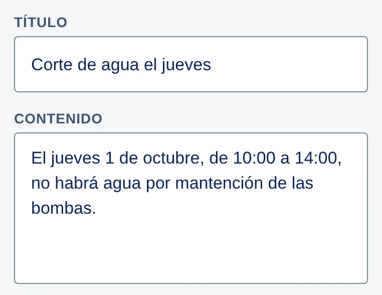 Campos Título, con Corte de agua el jueves, y Contenido, con el aviso.