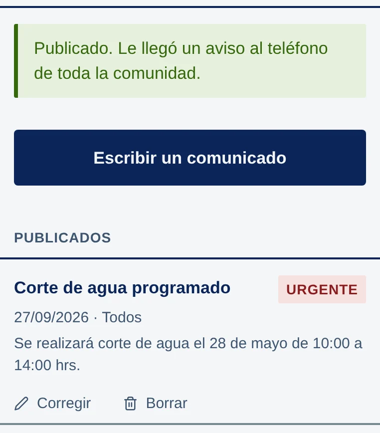 Recuadro verde: Publicado. Le llegó un aviso al teléfono de toda la comunidad. Debajo, la lista Publicados.