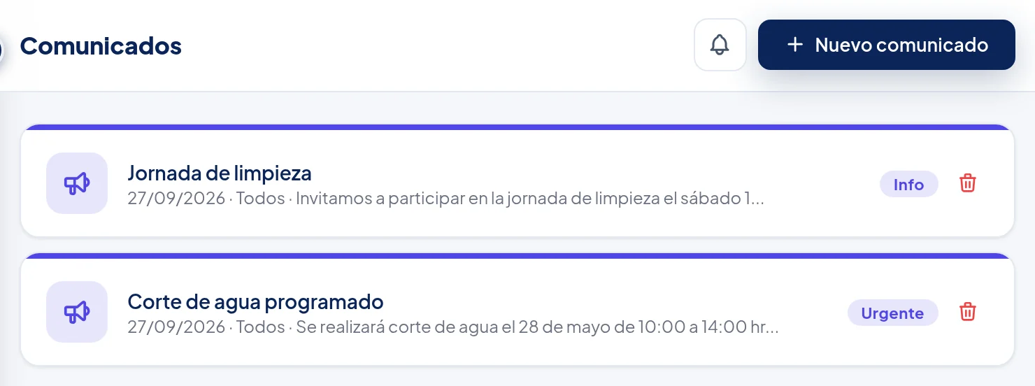 Lista de Comunicados: Jornada de limpieza y Corte de agua programado, cada uno con su tipo y un basurero rojo; arriba, Nuevo comunicado.