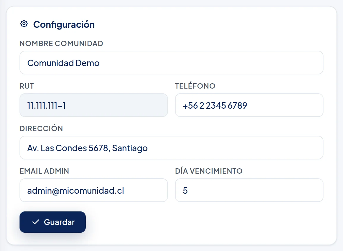 Tarjeta Configuración: Nombre comunidad, RUT (gris), Teléfono, Dirección, Email admin, Día vencimiento y el botón Guardar.