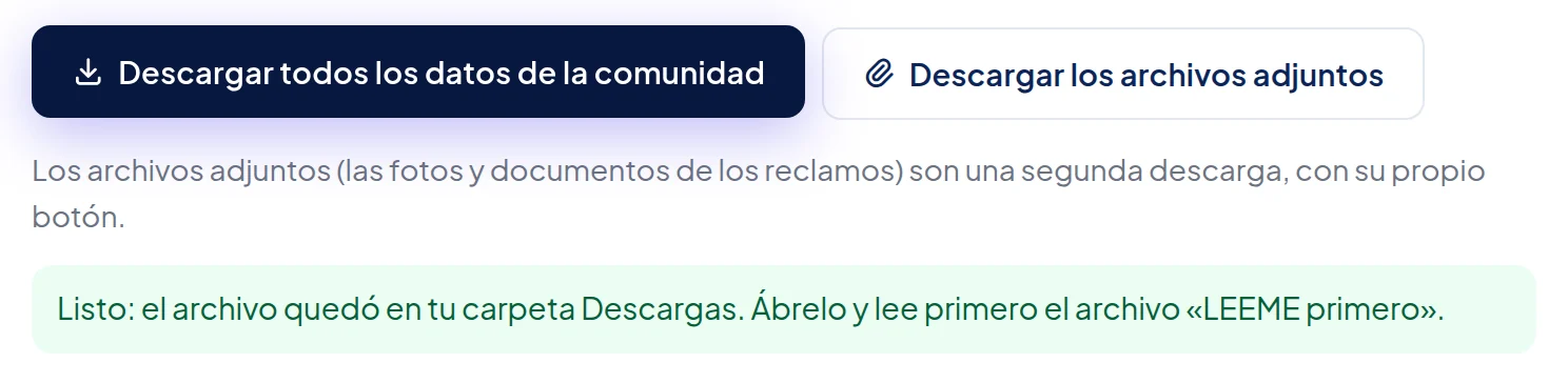 Debajo de los botones, el recuadro verde: Listo: el archivo quedó en tu carpeta Descargas. Ábrelo y lee primero el archivo «LEEME primero».