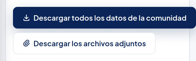 En el navegador del teléfono: los botones Descargar todos los datos de la comunidad y Descargar los archivos adjuntos.