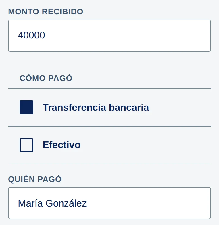 Formulario: Monto recibido con 40000; Cómo pagó, con Transferencia bancaria marcada y Efectivo; Quién pagó con María González.