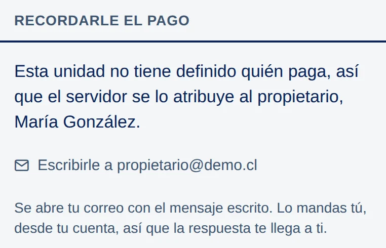 Recordarle el pago: texto que dice a quién se le cobra y el botón Escribirle a propietario@demo.cl.