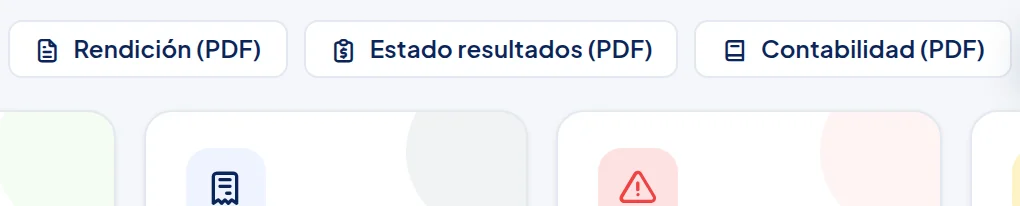 Botones Rendición (PDF), Estado resultados (PDF) y Contabilidad (PDF).