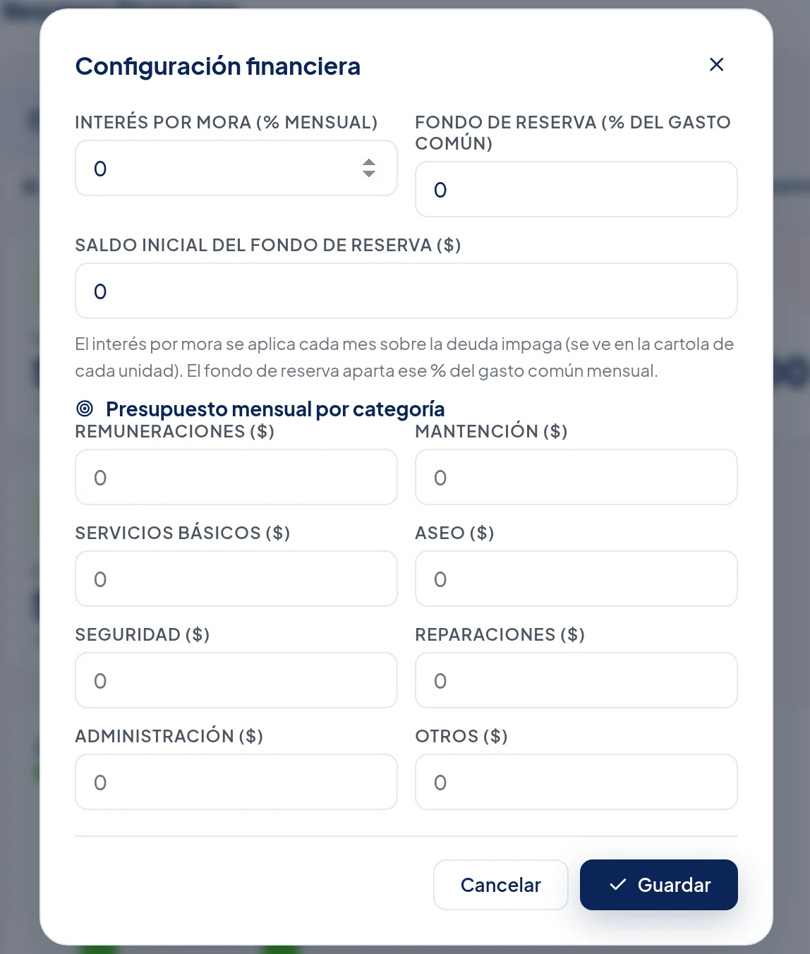 Ventana Configuración financiera: Interés por mora (% mensual), Fondo de reserva (% del gasto común), Saldo inicial del fondo de reserva ($), el Presupuesto mensual por categoría y el botón Guardar.