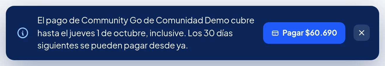 Aviso azul: El pago de Community Go de Comunidad Demo cubre hasta el jueves 1 de octubre, inclusive. Los 30 días siguientes se pueden pagar desde ya. Botón Pagar $60.690.