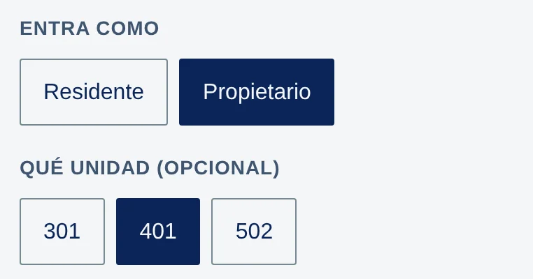 Entra como: Residente y Propietario (marcado). Qué unidad (opcional): 301, 401 (marcado) y 502.