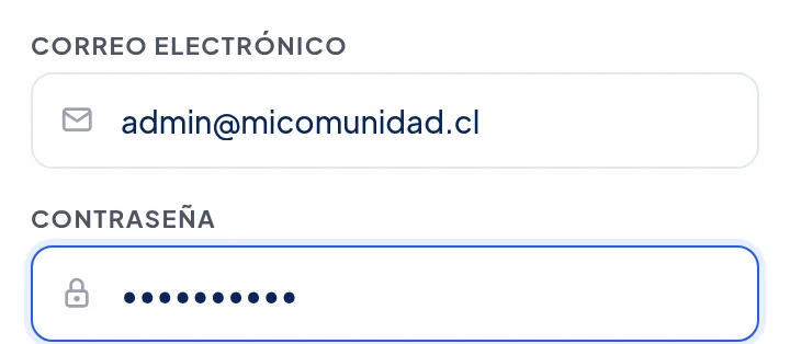 Campos Correo electrónico, con admin@micomunidad.cl, y Contraseña, con puntitos.