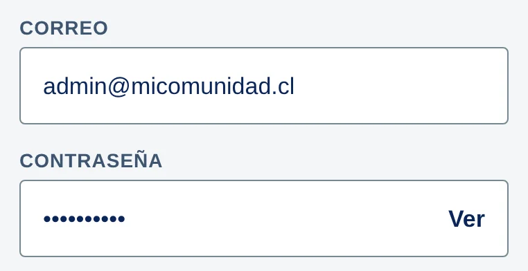 Campos Correo, con admin@micomunidad.cl, y Contraseña, con puntitos y el botón Ver.