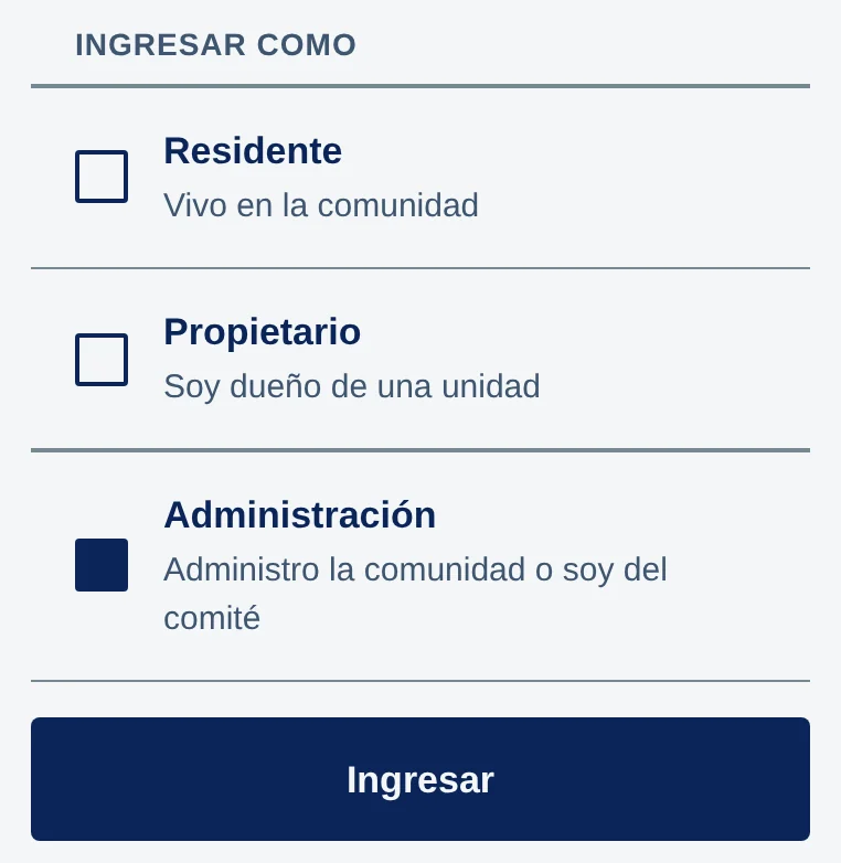 Ingresar como: Residente, Propietario y Administración (marcada); debajo, el botón Ingresar.