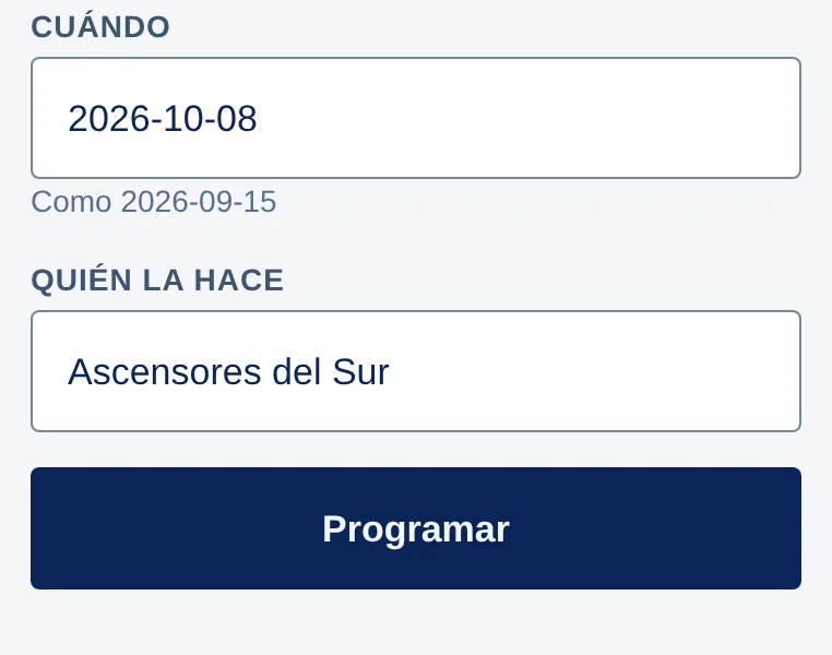 Cuándo: 2026-10-08. Quién la hace: Ascensores del Sur. Botón Programar.