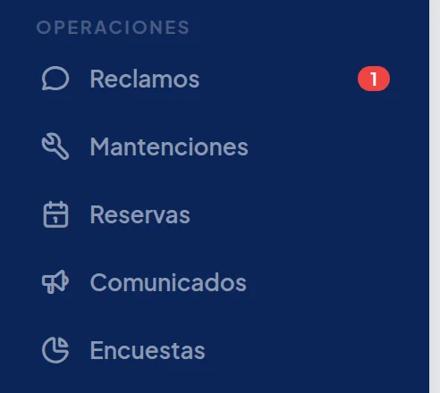 Menú de la izquierda, grupo Operaciones: Reclamos, Mantenciones, Reservas, Comunicados y Encuestas.
