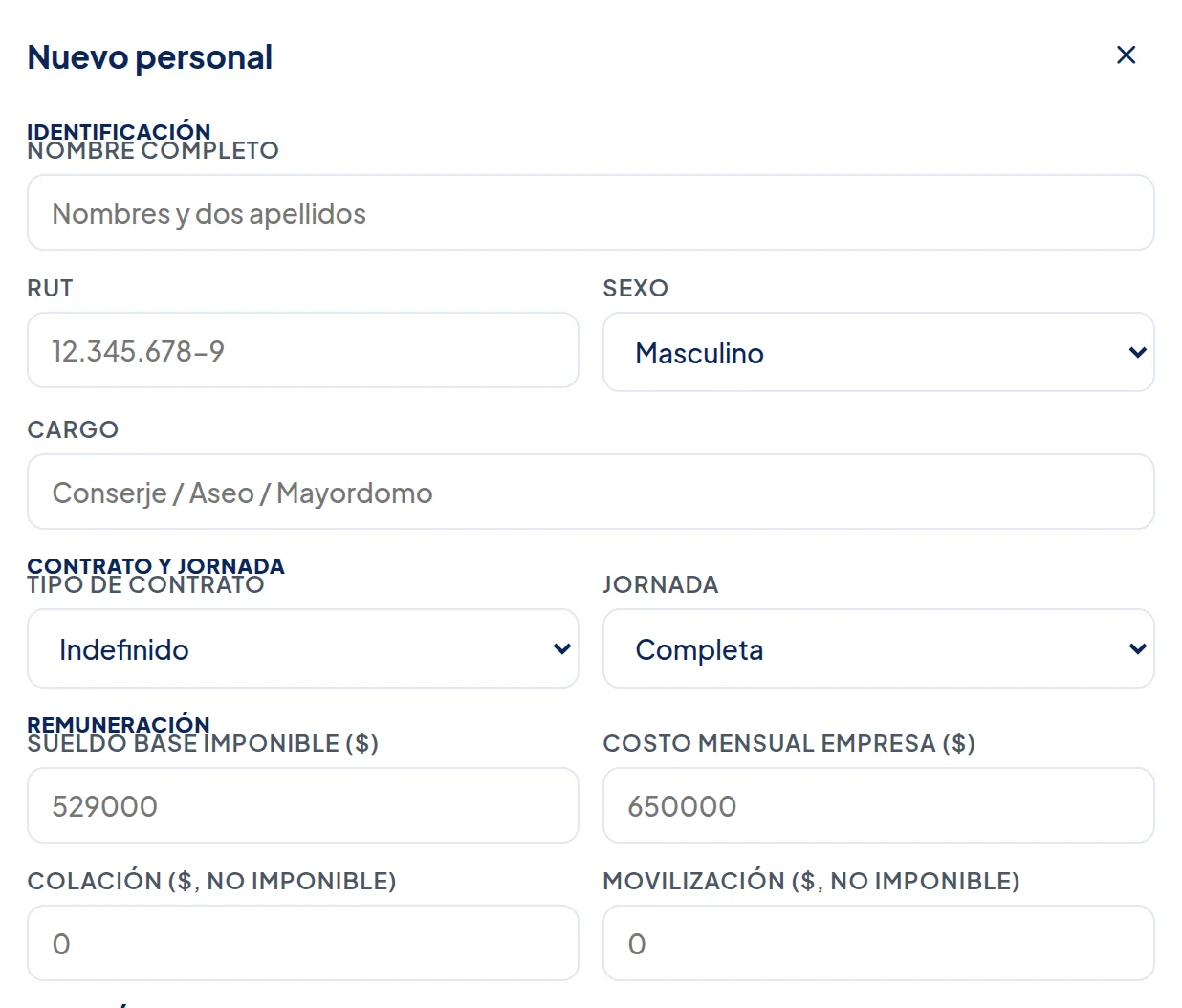 Ventana Nuevo personal: nombre completo, RUT, sexo, cargo, tipo de contrato, jornada, sueldo base imponible y costo mensual empresa.