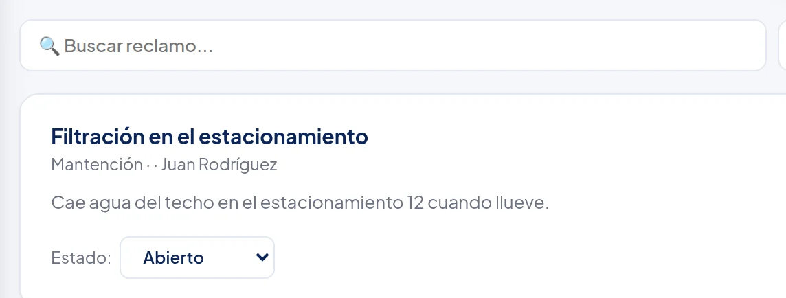 Buscador y la tarjeta Filtración en el estacionamiento, de Juan Rodríguez, con Estado: Abierto.