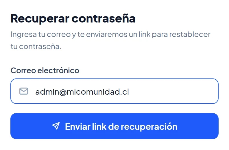 Página Recuperar contraseña: campo Correo electrónico y botón azul Enviar link de recuperación.