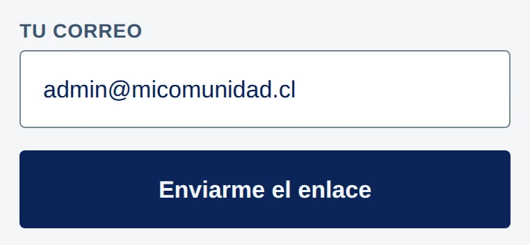 Recuperar mi contraseña: campo Tu correo y botón Enviarme el enlace.