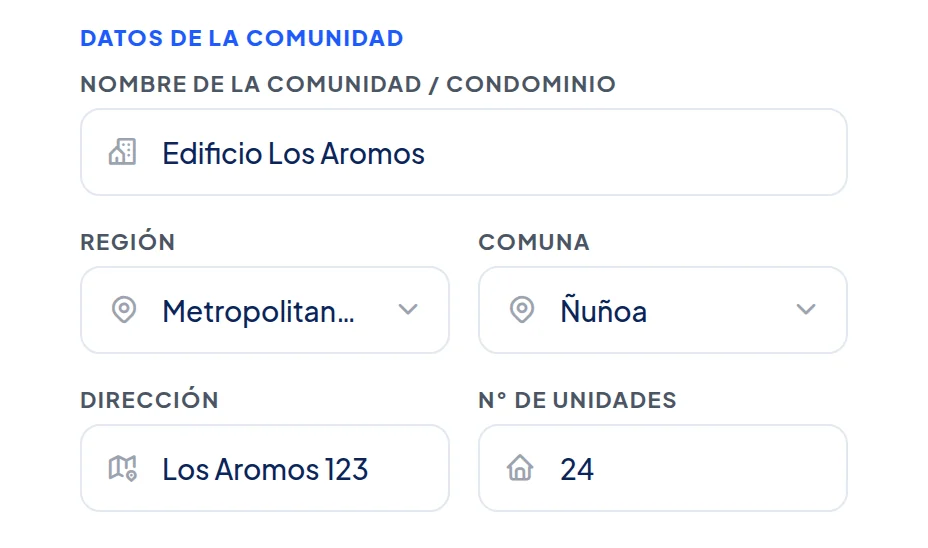 Datos de la comunidad: nombre Edificio Los Aromos, región Metropolitana, comuna Ñuñoa, dirección y N° de unidades 24.