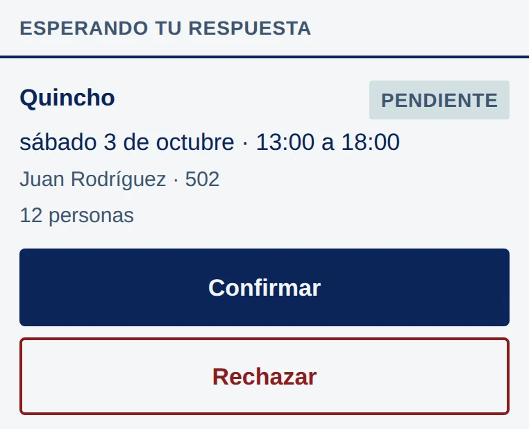 Esperando tu respuesta: Quincho, sábado 3 de octubre · 13:00 a 18:00, Juan Rodríguez · 502, 12 personas. Botones Confirmar y Rechazar.