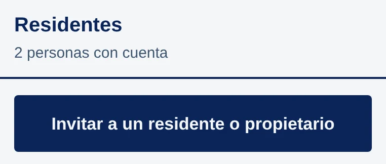 Pantalla Residentes, 2 personas con cuenta, con el botón Invitar a un residente o propietario.