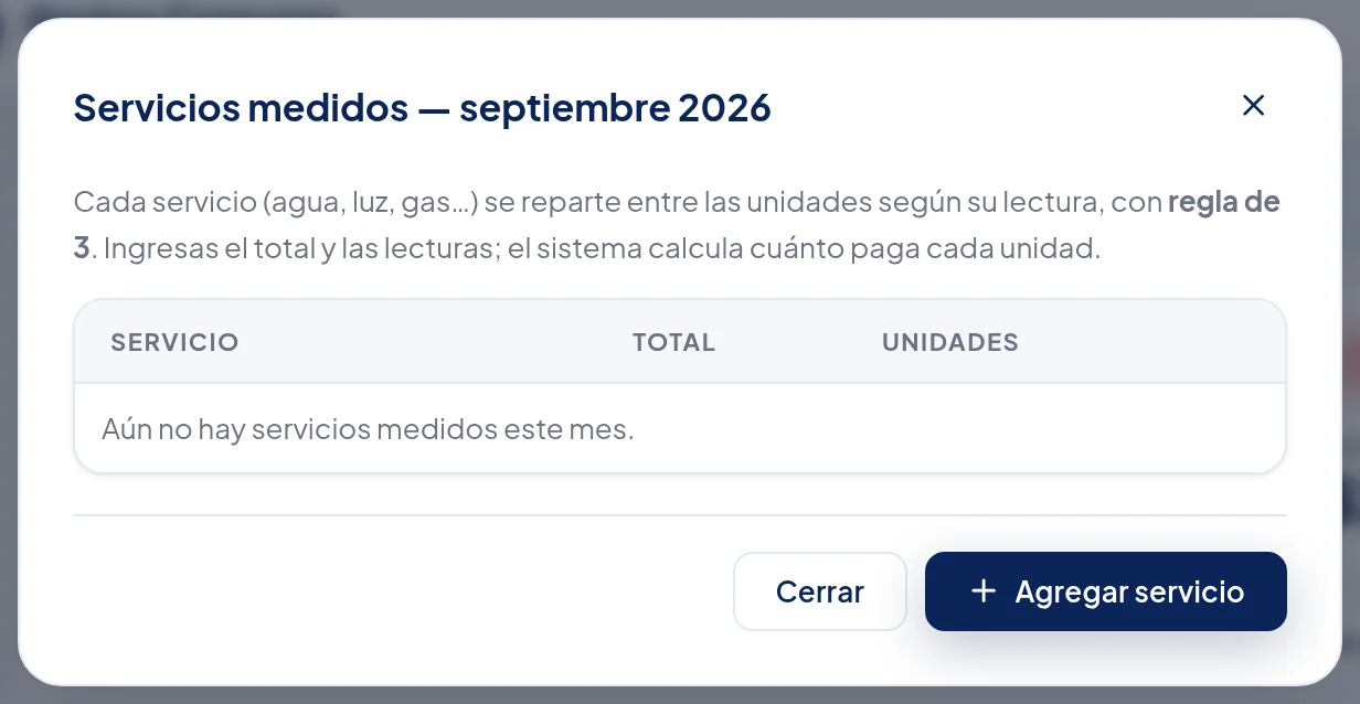 Ventana Servicios medidos — septiembre 2026, con el botón Agregar servicio.