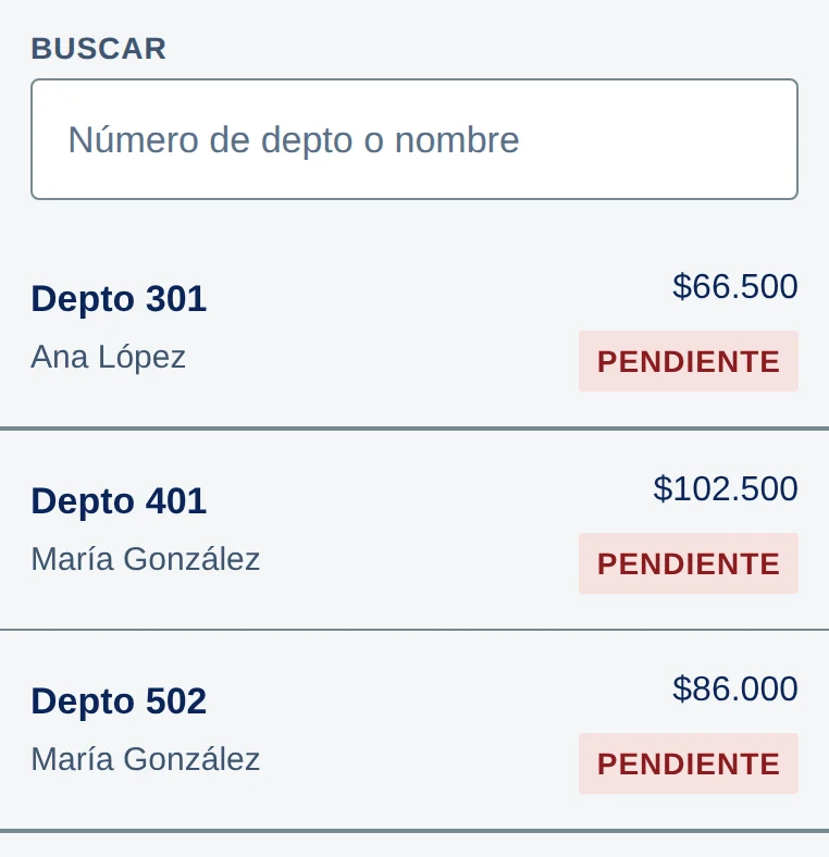 Pantalla Unidades: el campo Buscar y la lista Depto 301, Depto 401 y Depto 502, cada uno con su monto y el sello Pendiente.