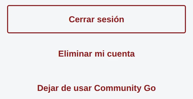 Final de la pestaña Cuenta: Cerrar sesión, Eliminar mi cuenta y Dejar de usar Community Go.