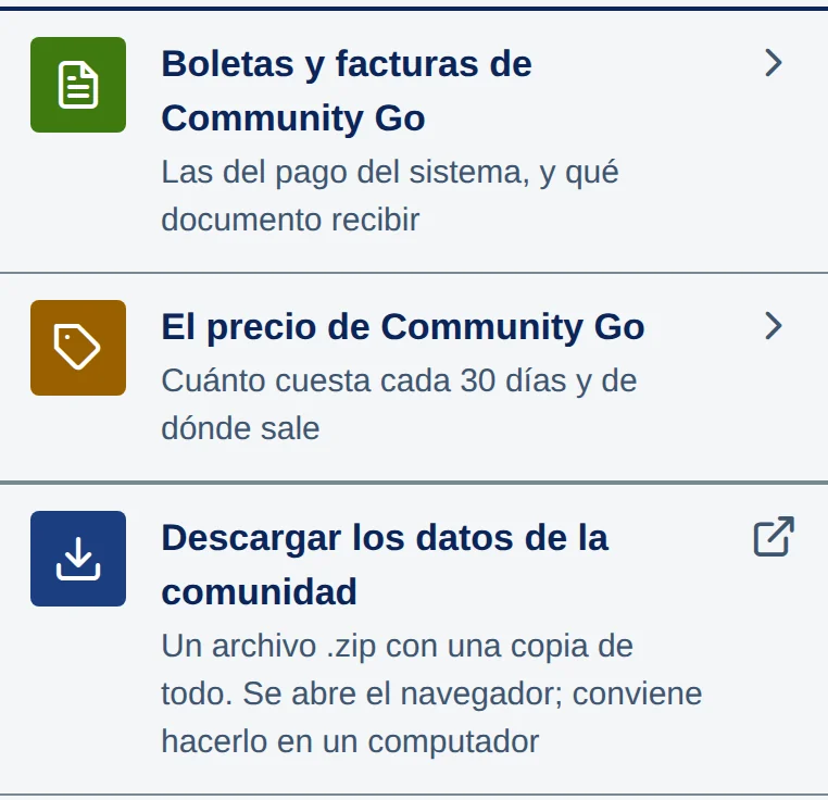 Pestaña Cuenta, sección La comunidad: Boletas y facturas de Community Go, El precio de Community Go y Descargar los datos de la comunidad.
