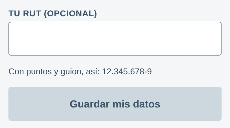 App: Tu RUT (opcional) y el botón Guardar mis datos.