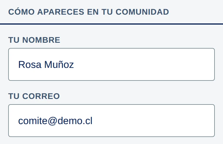 App, Mis datos, sección Cómo apareces en tu comunidad: Tu nombre y Tu correo.