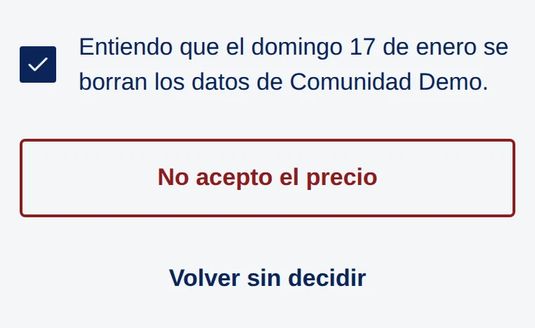 App: casilla marcada, botón No acepto el precio y Volver sin decidir.