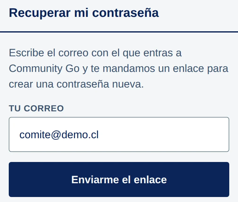 Pantalla Recuperar mi contraseña: campo Tu correo y botón Enviarme el enlace.