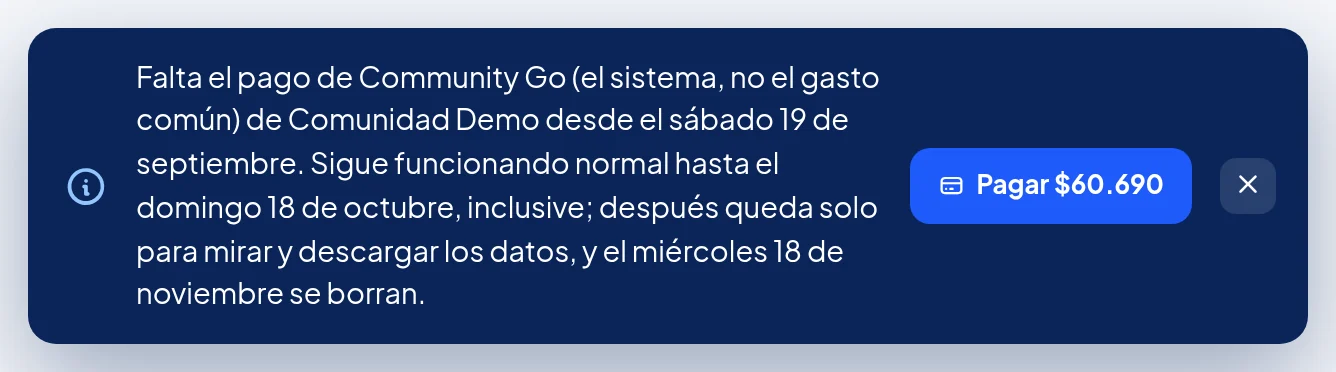 Aviso azul abajo de la pantalla: Falta el pago de Community Go (el sistema, no el gasto común) de Comunidad Demo desde el sábado 19 de septiembre. Sigue funcionando normal hasta el domingo 18 de octubre, inclusive; después queda solo para mirar y descargar los datos, y el miércoles 18 de noviembre se borran. Botón Pagar $60.690.