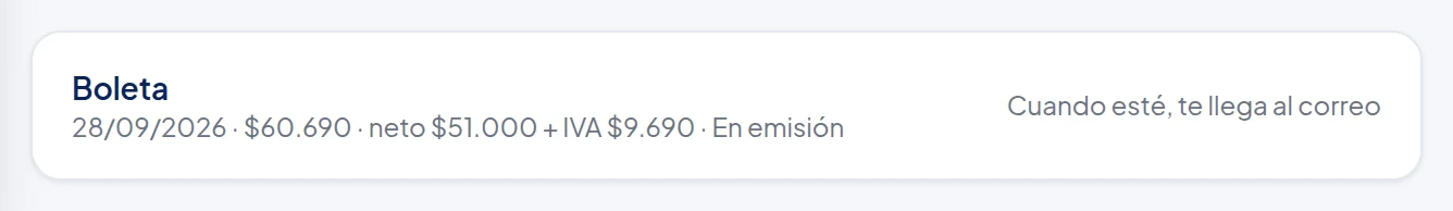 Lista de documentos: Boleta, 28/09/2026 · $60.690 · neto $51.000 + IVA $9.690 · En emisión, y a la derecha Cuando esté, te llega al correo.