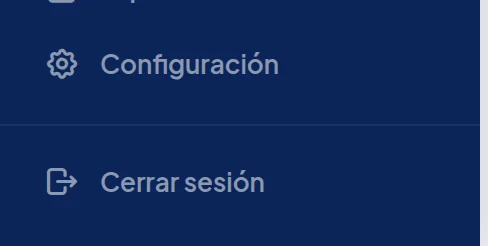 Final del menú azul: Configuración y, en la parte de abajo, Cerrar sesión.