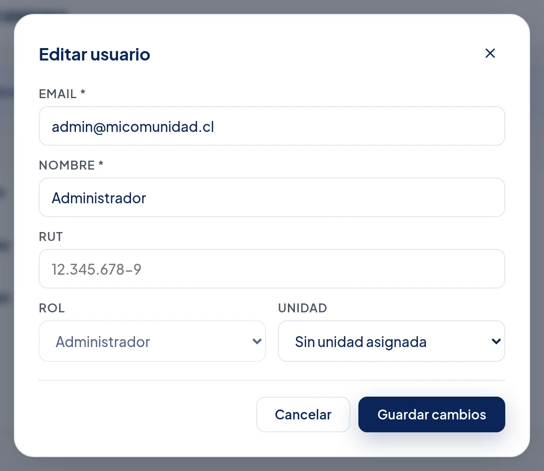 Ventana Editar usuario: Email admin@micomunidad.cl, Nombre Administrador, RUT vacío, Rol Administrador en gris (bloqueado), Unidad, y los botones Cancelar y Guardar cambios.