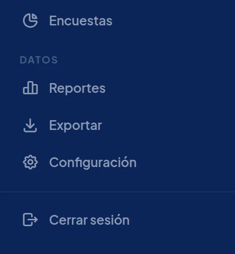 Menú azul, sección Datos: Reportes, Exportar y Configuración.