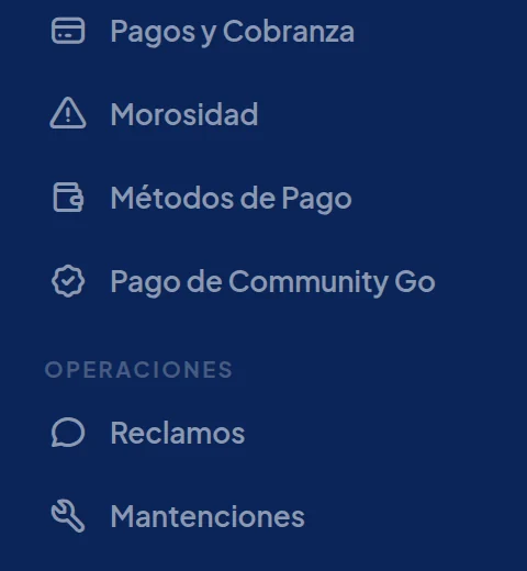 Menú azul, sección Finanzas: Pagos y Cobranza, Morosidad, Métodos de Pago y Pago de Community Go.