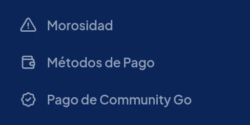 Menú azul abierto en el teléfono, con Métodos de Pago y Pago de Community Go.
