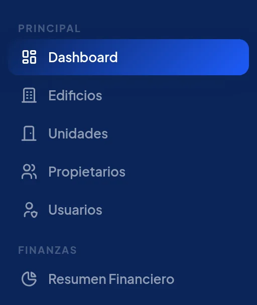 Menú azul abierto en el teléfono: Dashboard, Edificios, Unidades, Propietarios, Usuarios, y la sección Finanzas.