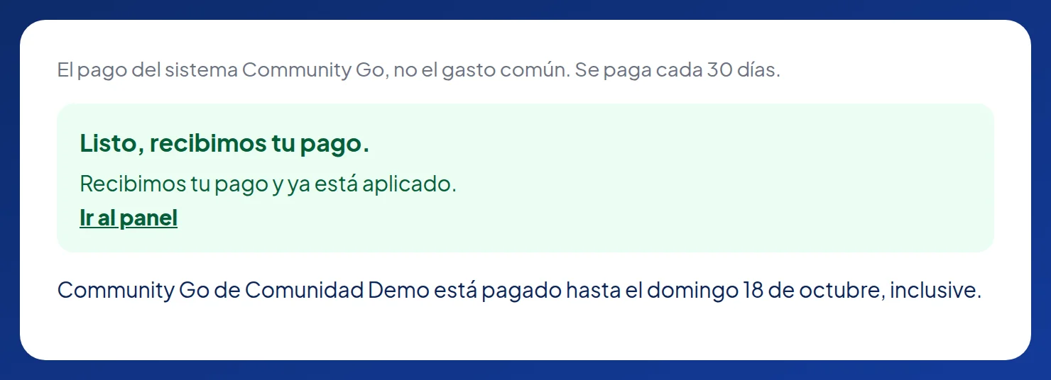 Mensaje verde: Listo, recibimos tu pago. Recibimos tu pago y ya está aplicado. Ir al panel. Debajo: Community Go de Comunidad Demo está pagado hasta el domingo 18 de octubre, inclusive.