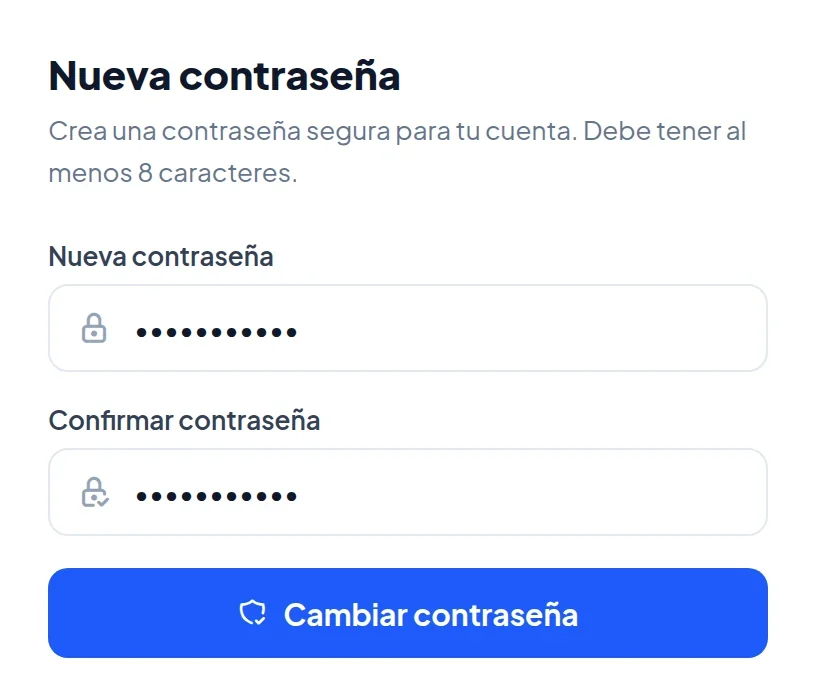 Página Nueva contraseña con los campos Nueva contraseña y Confirmar contraseña y el botón Cambiar contraseña.