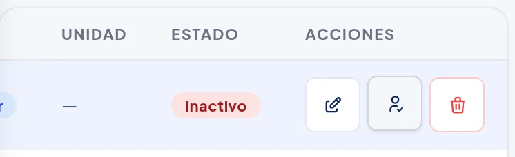 La misma fila en el teléfono: Estado Inactivo y el botón de la persona con un visto.