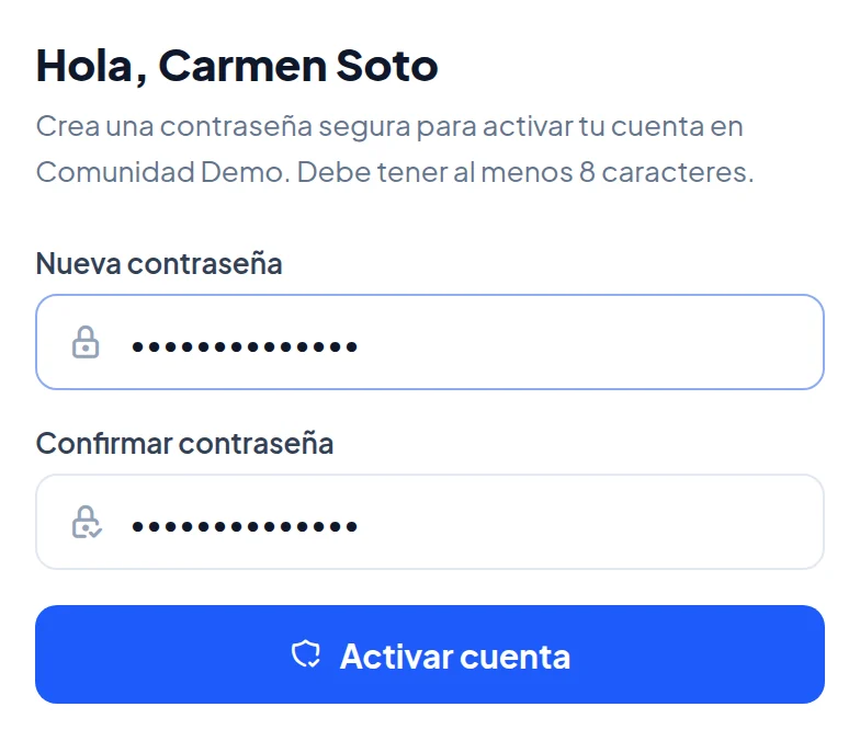 Página de activación: Hola, Carmen Soto. Crea una contraseña segura para activar tu cuenta en Comunidad Demo. Campos Nueva contraseña y Confirmar contraseña, y botón Activar cuenta.